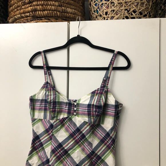 NEW YORK & CO. Purple + Green Plaid Spaghetti Strap Knee Length Casual Dress S M - Picture 1 of 13